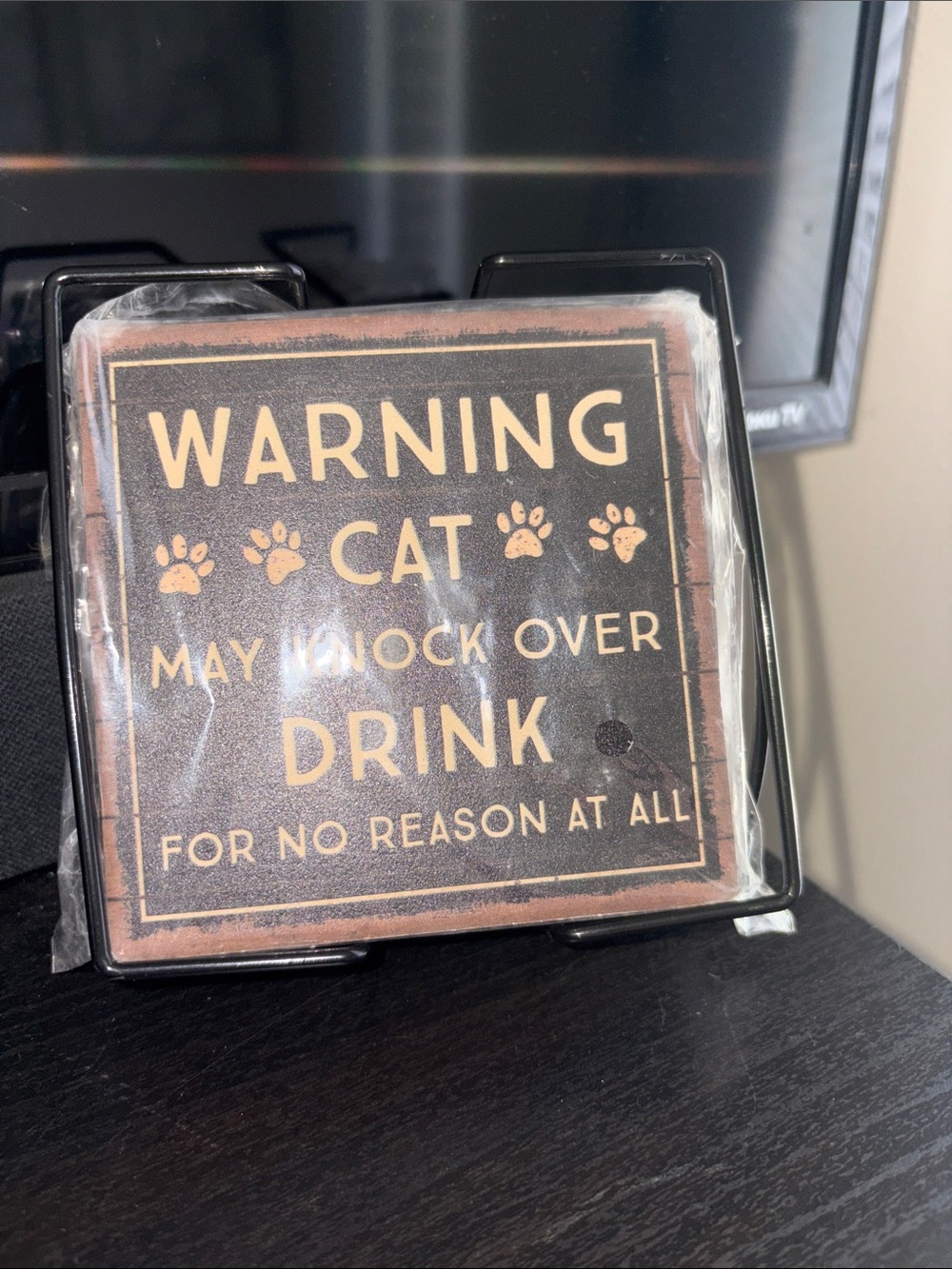 Primitives by Kathy Cat-Themed Absorbent Coaster Set - Black, Brown, Cream